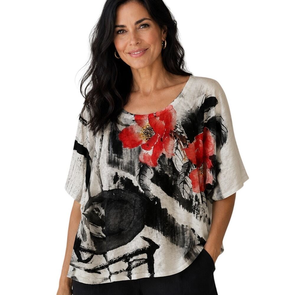 Et' Lois Artsy Tee Womens XL White Black Red Floral Lagenlook Casual Top